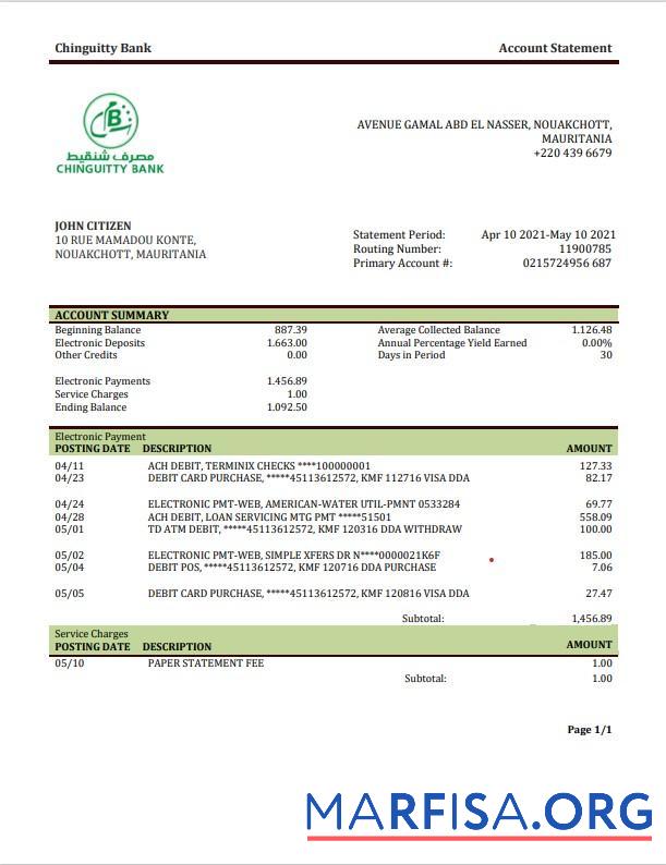 Downloadable Mauritania Chinguitty bank statement word template